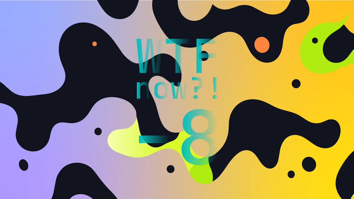 A colourful graphic with numerous dark and green blobs on a gradient background in purples and yellows.