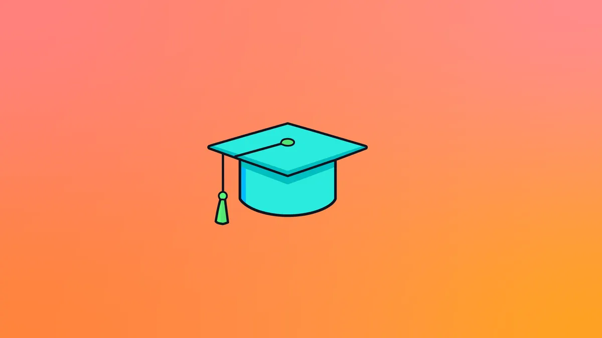 A blue mortarboard on a gradient background in pinks and oranges.