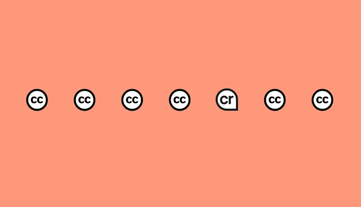 Seven icons that look very similar. Four are the Creative Commons brand icon followed by the Content Credentials pin and then two more of the Creative Commons brand icon.