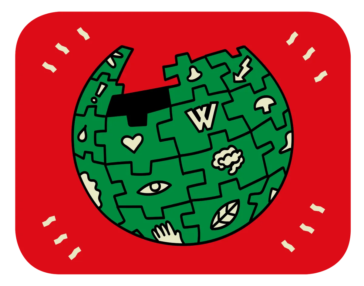 A hand drawn illustration of the Wikipedia logo shown in dark green with icons shown in a light tan colour. It is placed on a bright red background with four sets.