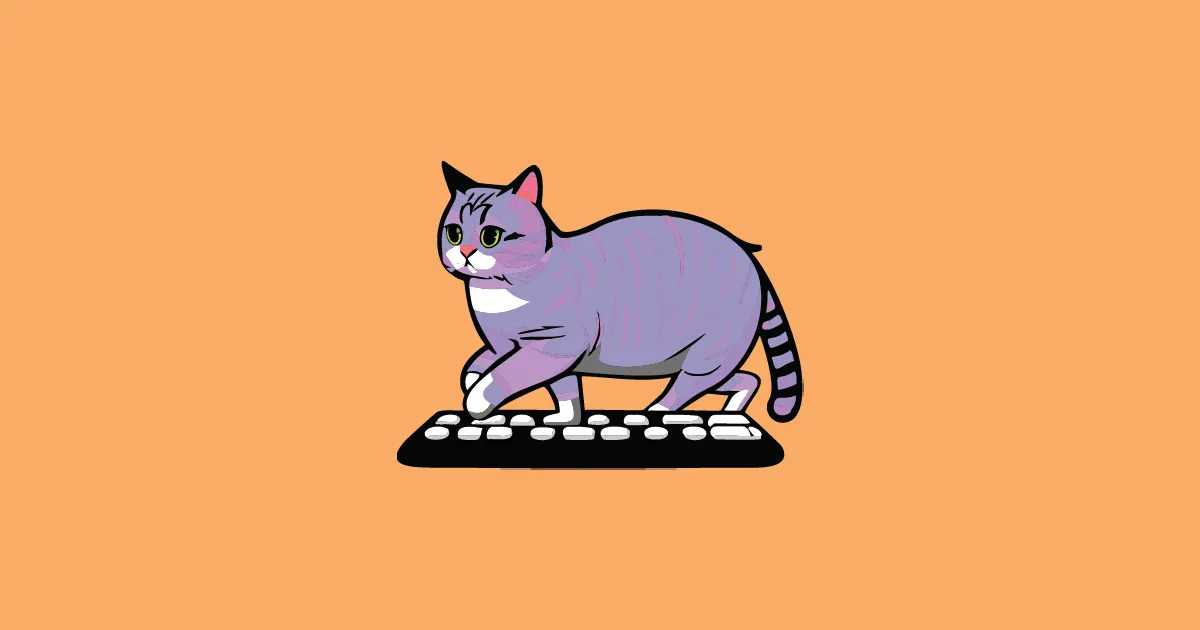 A purple tabby cat strolls across a computer keyboard without a care in the world set against a bright orange background.