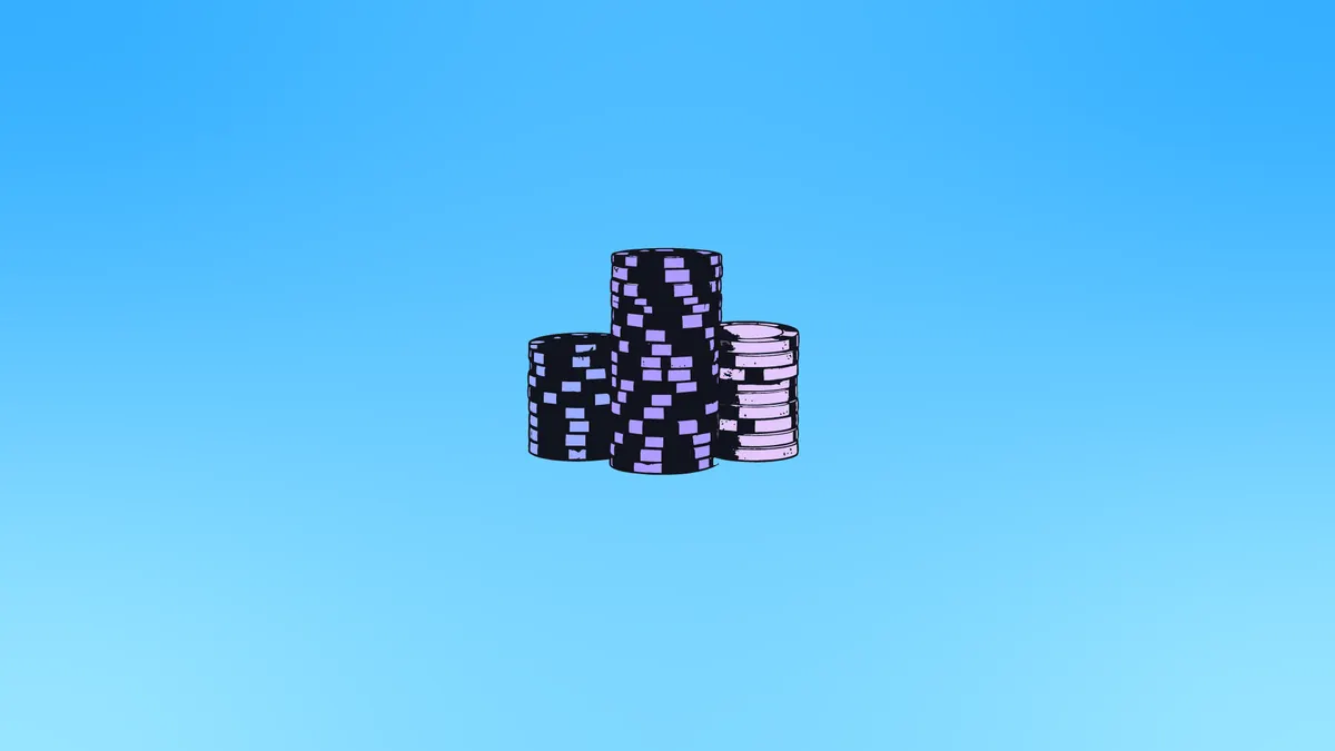 Piles of purple poker chips on a blue gradient background.