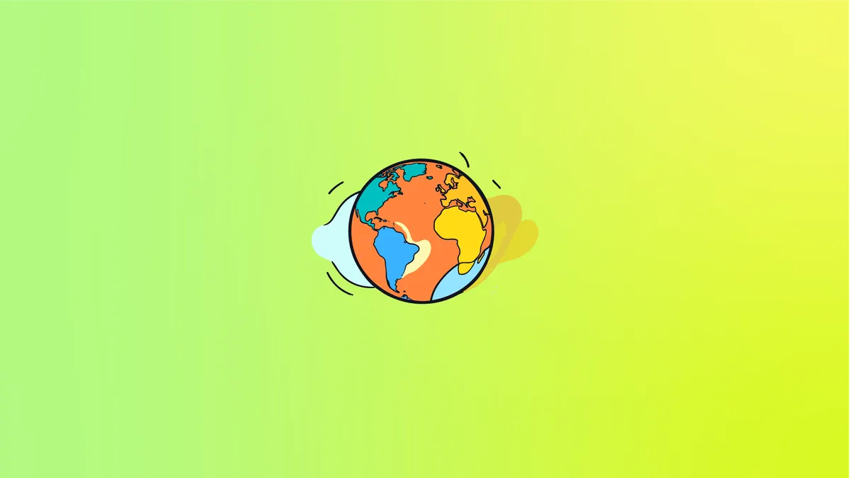 A stylised glob showing the Americas, Africa and Europe in blues and yellows with an orange ocean on a green gradient background.
