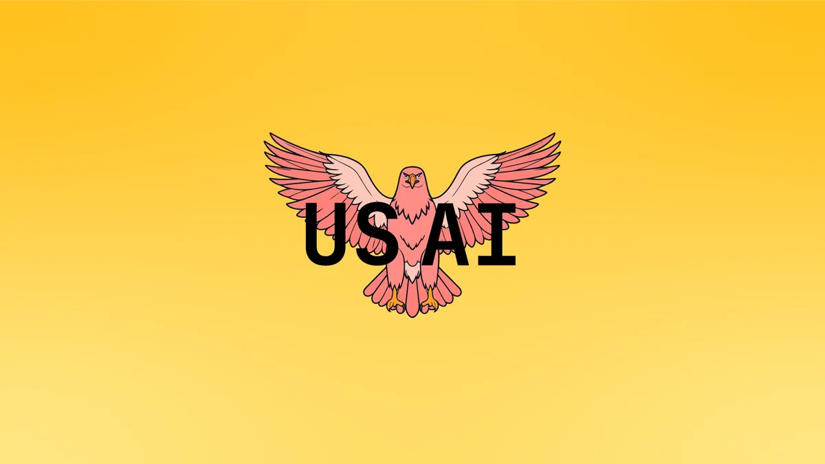 A pink eagle behind the letters US AI, on a gradient background in yellows.