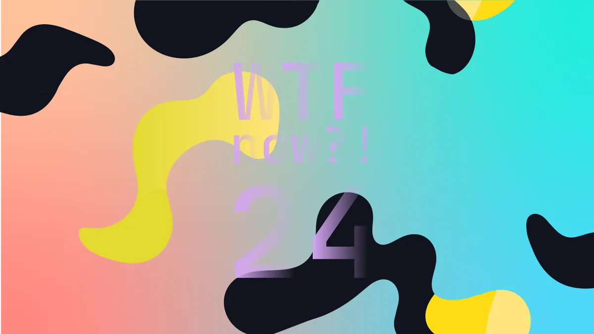 A colourful graphic with numerous yellow blobs on a gradient background in pinks and blues.