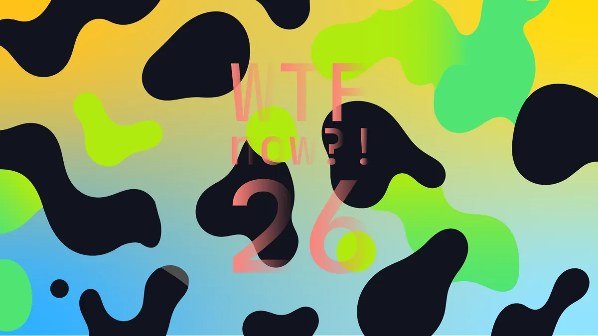 A colourful graphic with numerous green blobs on a gradient background in yellows and blues.