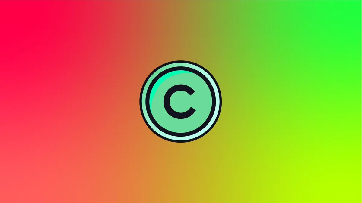 An aqua copyright symbol on a gradient background in reds and greens.