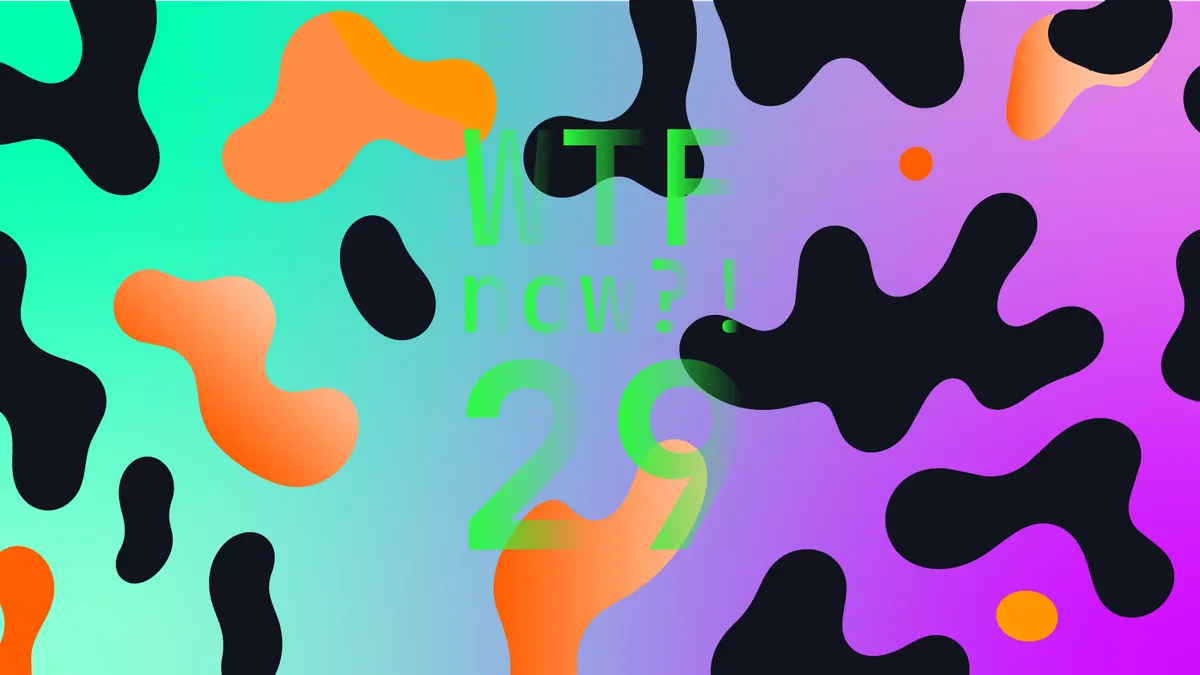 A colourful graphic with numerous black and orange blobs on a gradient background in light blues and purples.