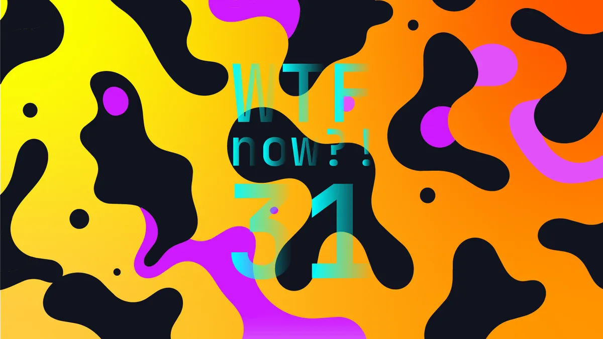 A colourful graphic with numerous black and purple blobs on a gradient background in yellows and oranges.