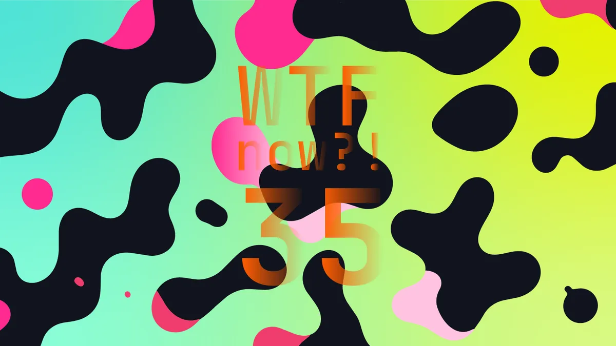 A colourful graphic with numerous black and pink blobs on a gradient background in blues and bright greens.