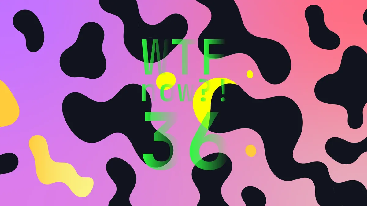 A colourful graphic with numerous black and yellow blobs on a gradient background in purples and pinks.