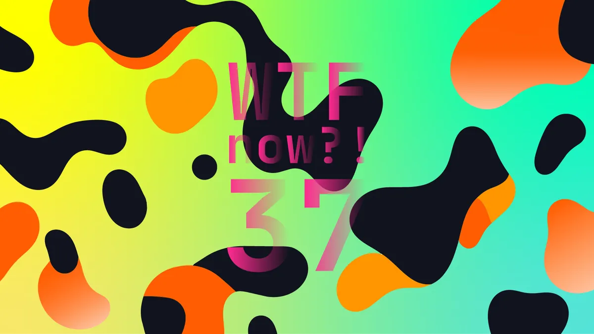 A colourful graphic with numerous black and orange blobs on a gradient background in yellows and blues.
