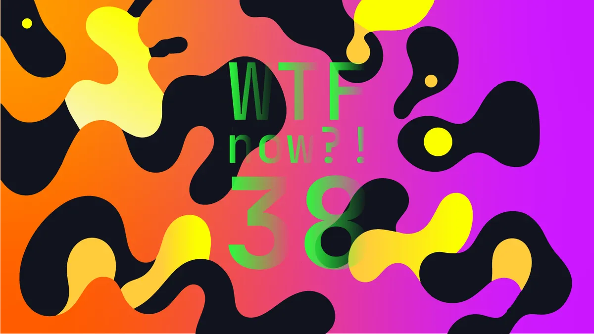 A colourful graphic with numerous black and yellow blobs on a gradient background in oranges and purples.