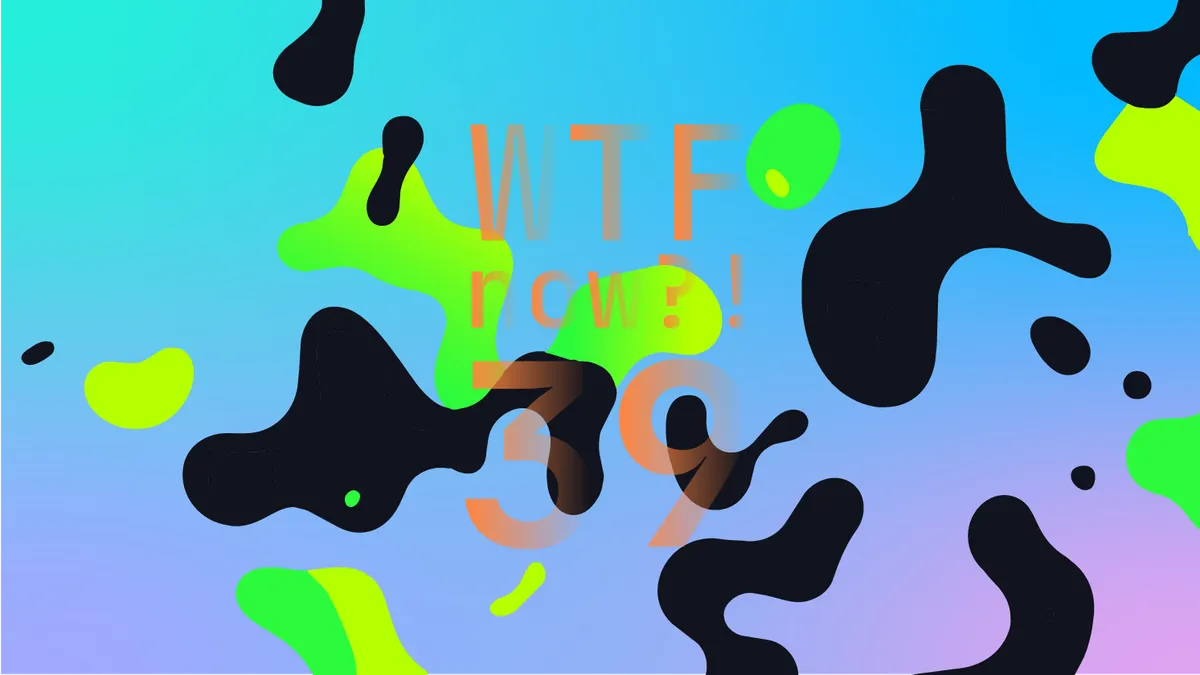A colourful graphic with numerous black and green blobs on a gradient background in blues and purples.