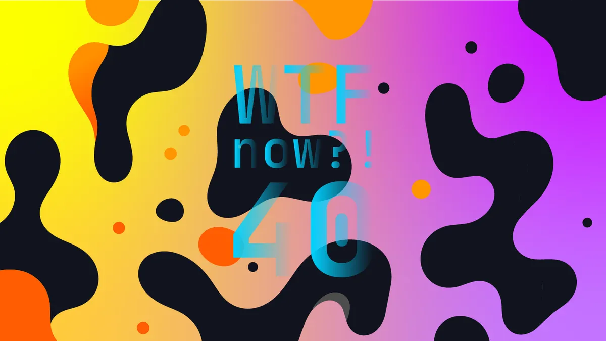 A colourful graphic with numerous black and orange blobs on a gradient background in yellows and purples.