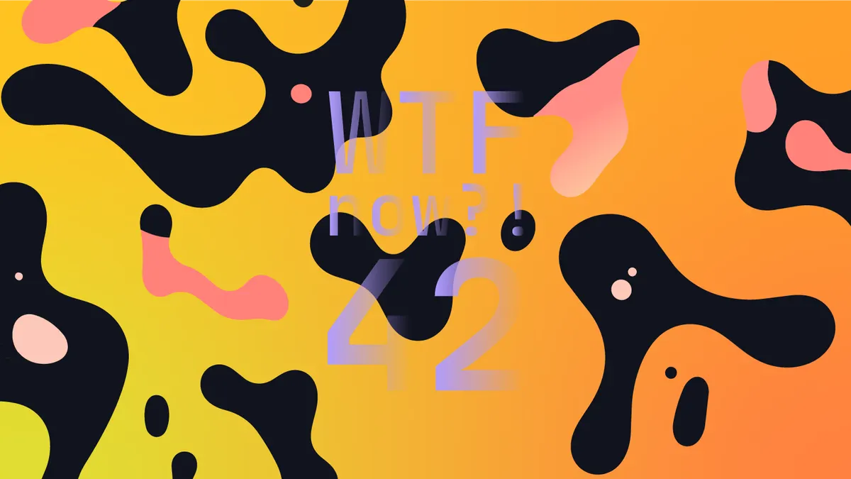 A colourful graphic with numerous black and pink blobs on a gradient background in yellows and oranges.