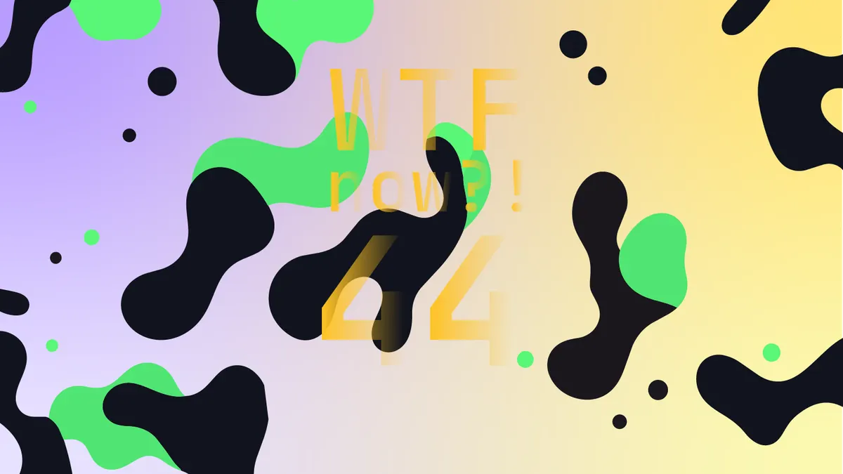 A colourful graphic with numerous black and green blobs on a gradient background in purples and yellows.