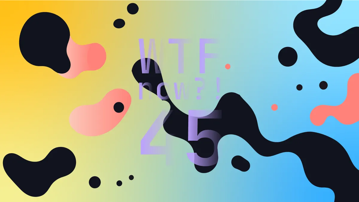 A colourful graphic with numerous black and pink blobs on a gradient background in yellows and blues.