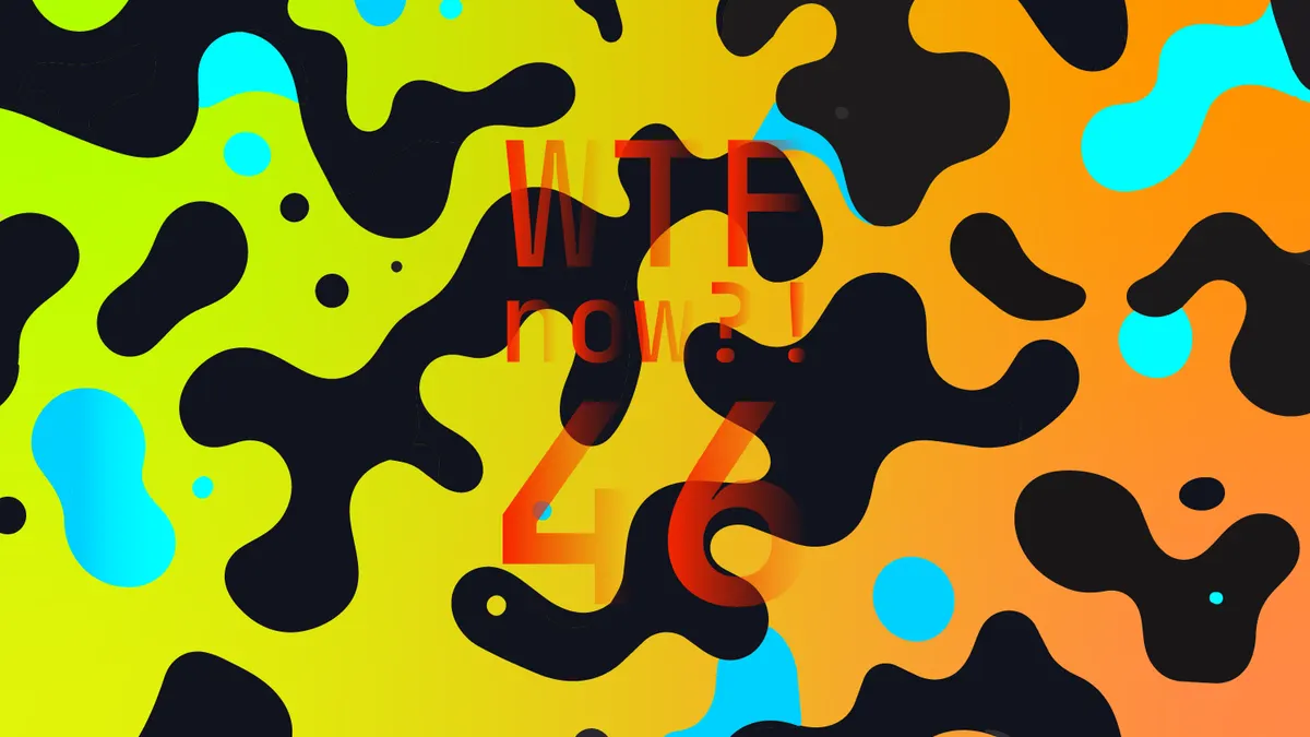 A colourful graphic with numerous black and blue blobs on a gradient background in greens and oranges.