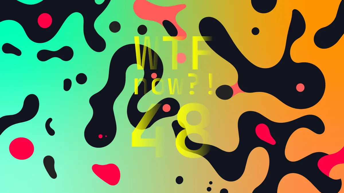 A colourful graphic with numerous black and pink blobs on a gradient background in light blues and oranges.