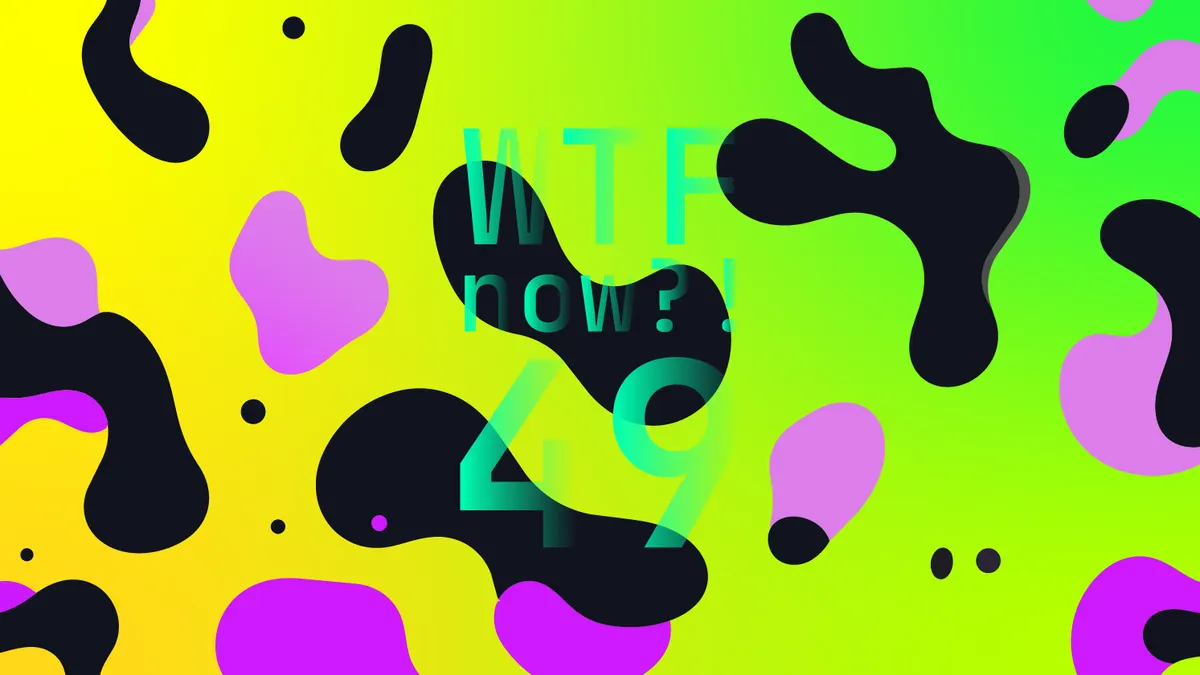 A colourful graphic with numerous black and purple blobs on a gradient background in yellows and greens.