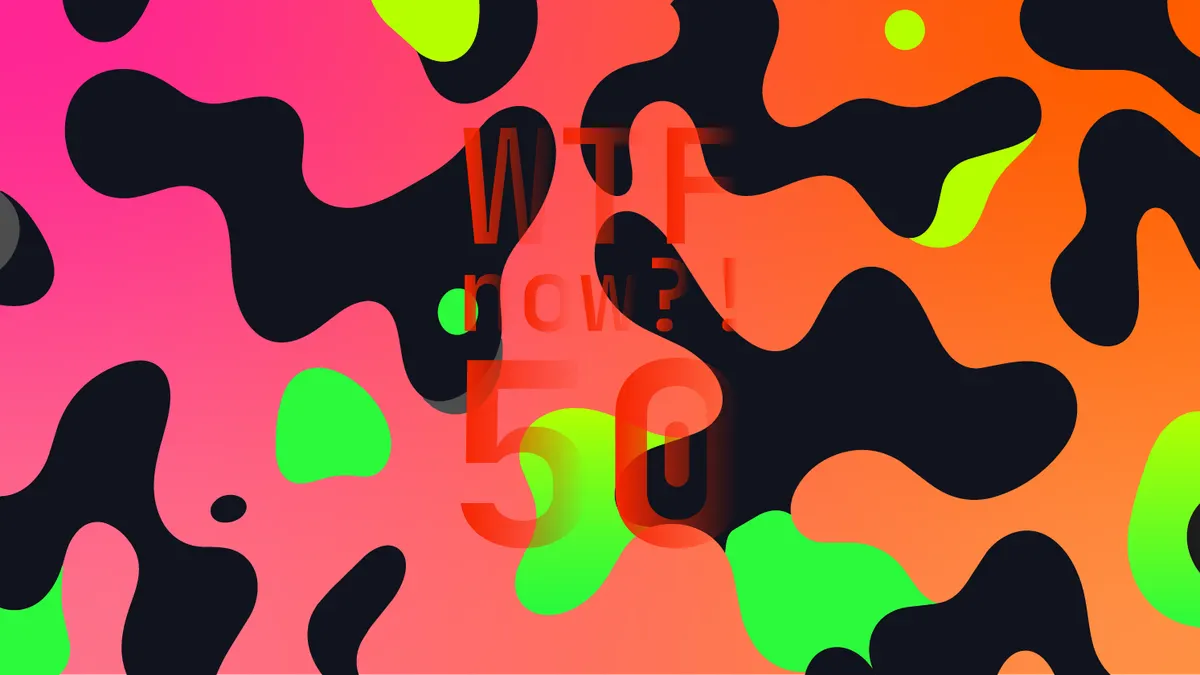 A colourful graphic with numerous black and green blobs on a gradient background in pinks and oranges.