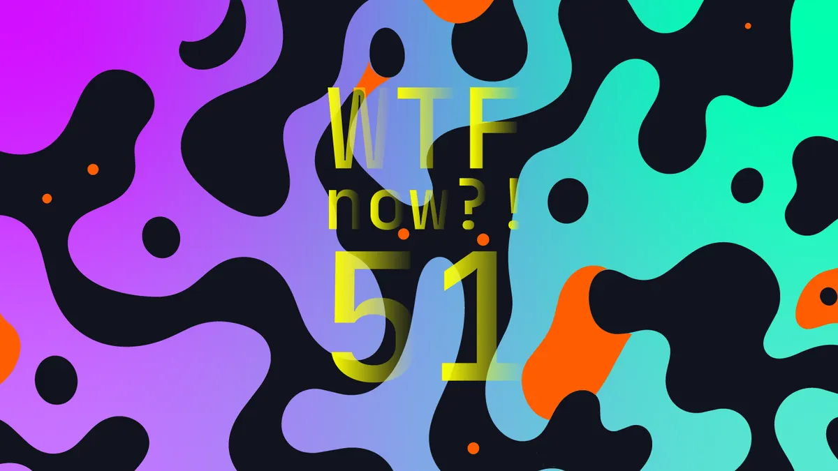 A colourful graphic with numerous black and orange blobs on a gradient background in purples and blues.