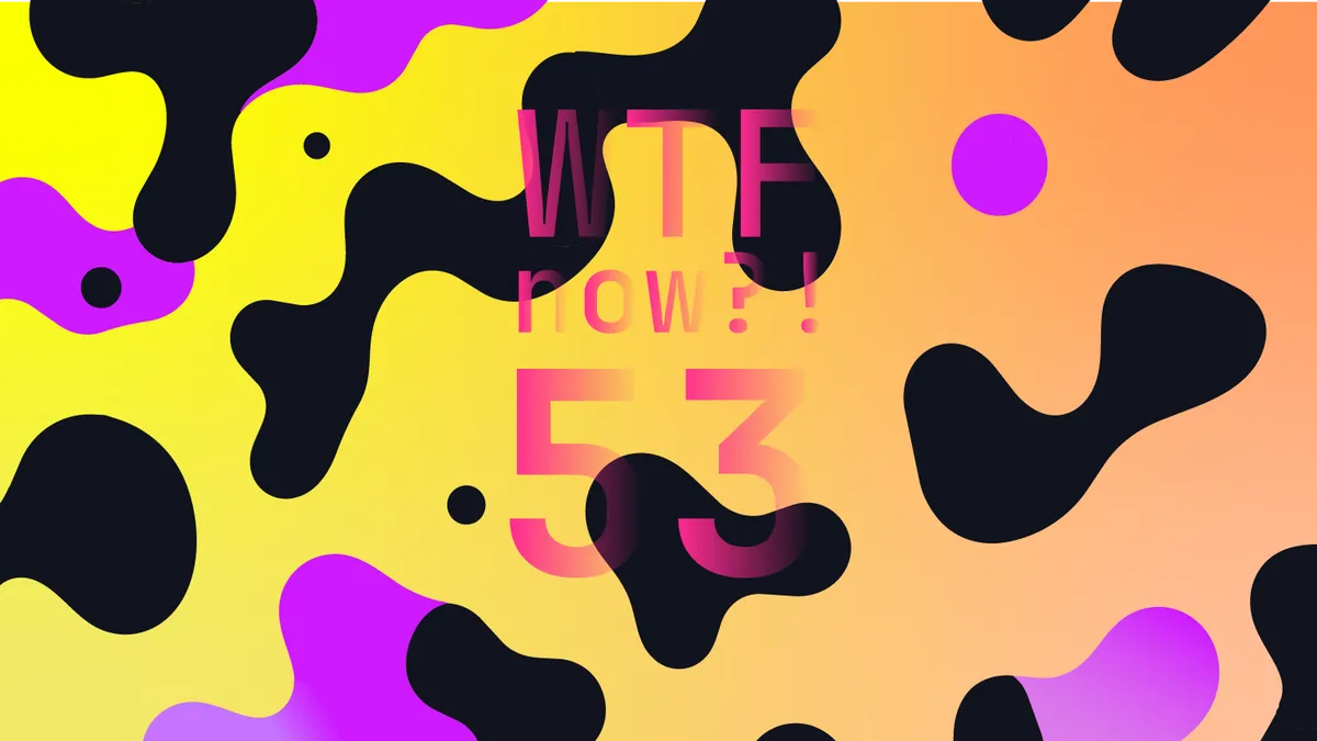 A colourful graphic with numerous black and purple blobs on a gradient background in yellows and oranges.