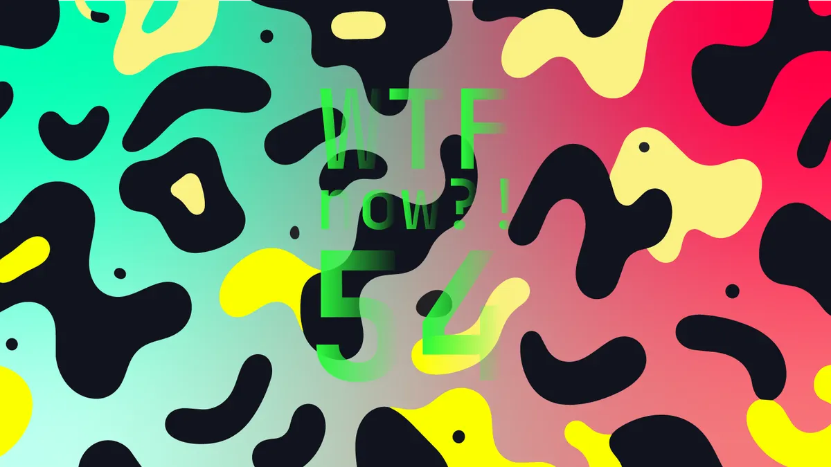 A colourful graphic with numerous black and yellow blobs on a gradient background in light blues and reds.