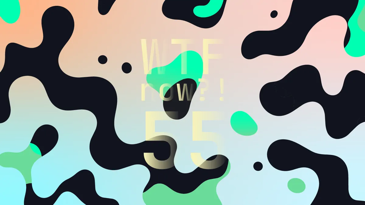 A colourful graphic with numerous black and green blobs on a gradient background in soft blues and soft pinks.