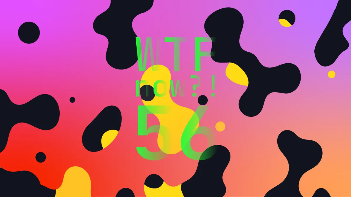 A colourful graphic with numerous black and yellow blobs on a gradient background in purples and reds.