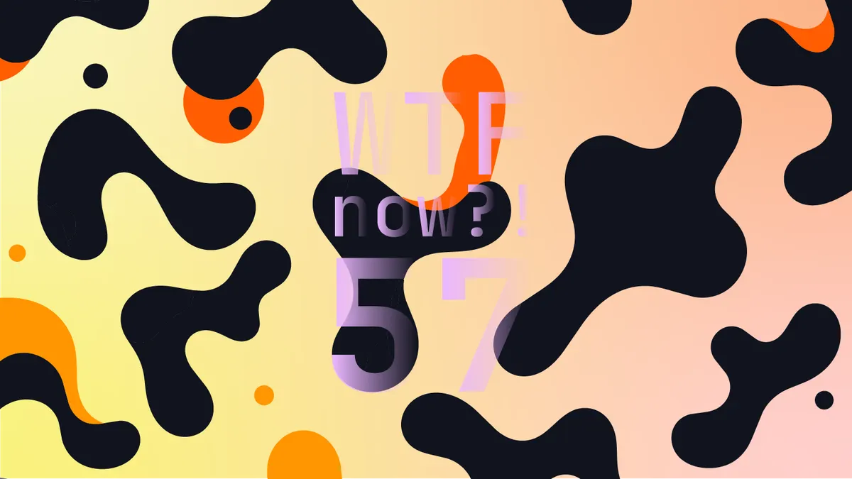 A colourful graphic with numerous black and orange blobs on a gradient background in yellows and pinks.