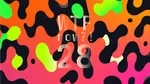 A colourful graphic with numerous black and green blobs on a gradient background in oranges and and pinks.