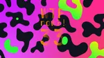 A colourful graphic with numerous black and green blobs on a gradient background in purples and pinks.