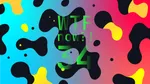 A colourful graphic with numerous black and yellow blobs on a gradient background in blues and purples.