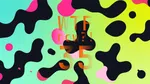A colourful graphic with numerous black and pink blobs on a gradient background in blues and bright greens.