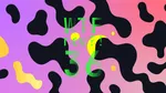 A colourful graphic with numerous black and yellow blobs on a gradient background in purples and pinks.