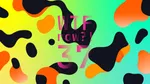A colourful graphic with numerous black and orange blobs on a gradient background in yellows and blues.