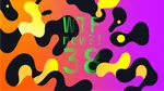 A colourful graphic with numerous black and yellow blobs on a gradient background in oranges and purples.