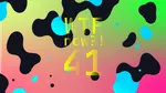 A colourful graphic with numerous black and blue blobs on a gradient background in geens and pinks.