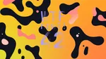 A colourful graphic with numerous black and pink blobs on a gradient background in yellows and oranges.