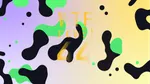 A colourful graphic with numerous black and green blobs on a gradient background in purples and yellows.