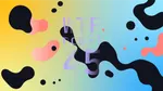 A colourful graphic with numerous black and pink blobs on a gradient background in yellows and blues.
