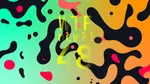 A colourful graphic with numerous black and pink blobs on a gradient background in light blues and oranges.