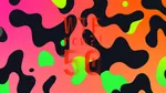A colourful graphic with numerous black and green blobs on a gradient background in pinks and oranges.