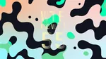 A colourful graphic with numerous black and green blobs on a gradient background in soft blues and soft pinks.