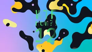 A colourful graphic with numerous yellow blobs on a gradient background in pinks and blues.