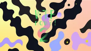 A colourful graphic with numerous dark and purple blobs on a gradient background in yellows and oranges.