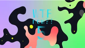 A colourful graphic with numerous dark and pink blobs on a gradient background in purples and greens.