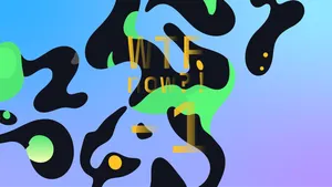 A colourful graphic with numerous dark and green blobs on a gradient background in blues and purples.